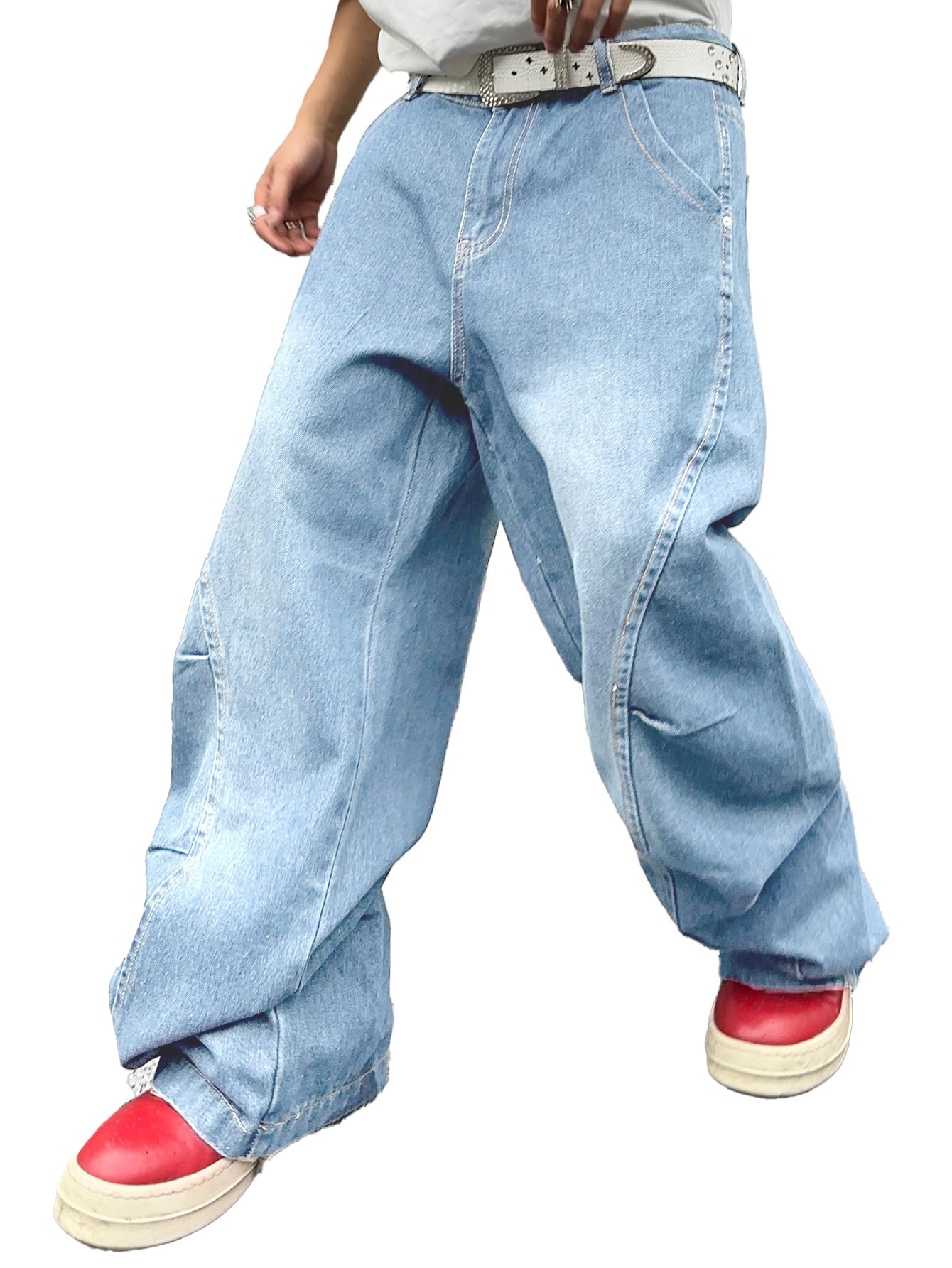 DFGIGT Mens Irregular Sutures Y2k Hip Hop Baggy Jeans Wide Leg Denim Pants Casual Loose Fit Trousers Streetwear 2000s Extreme Motion Relaxed Fit Sport Skater SkateboardA12 Light BlueXX-Large