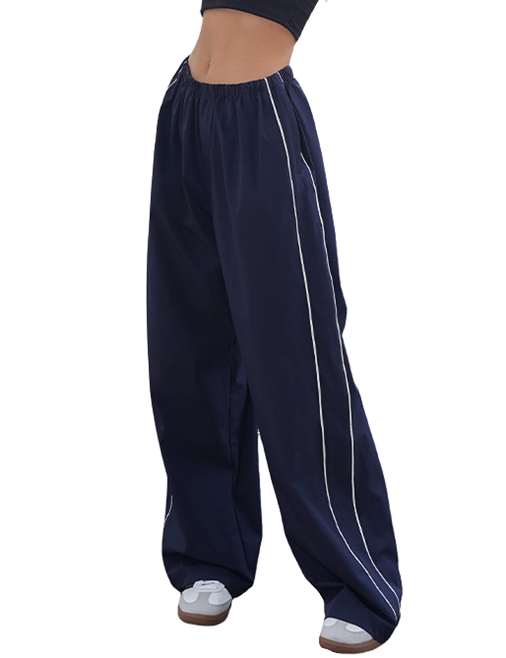Himosyber Womens Parachute Pants Baggy Elasitc Waist Relaxed Y2K Track Pant Trousers (Navy-M)