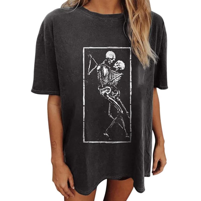 Hetdevi Oversized Graphic Tees for Women Black Vintage Skeleton Skull Shirts Cotton Baggy Crew Neck T Shirt Grunge Loose Tops(BlackM)